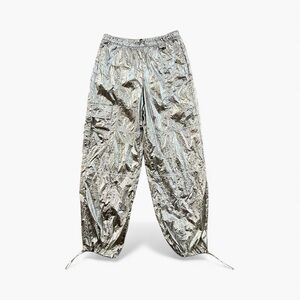 No Comment Women's Medium Silver Drawstring Waist & Ankle Parachute track Pants